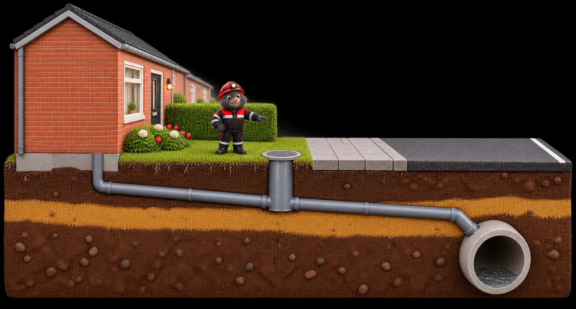 3D-doorsnede van een voortuin en straat: een grijze PVC-huisaansluiting loopt vanuit de woning met afschot door de tuin, via een ontstoppingsput bij de erfgrens en onder de stoep naar het betonnen hoofdriool onder de straat