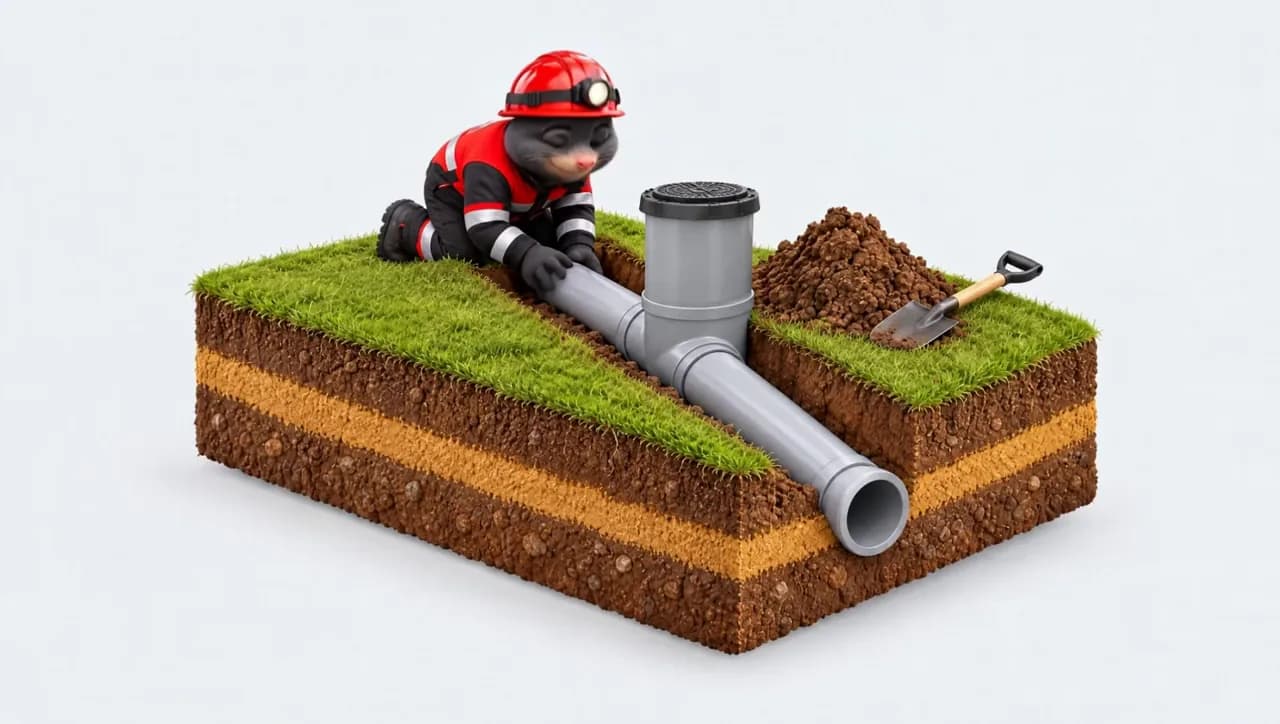 3D-animatie: de Roefs-mol legt een rioolbuis, boort een gat in een muur, graaft een sleuf, trilt nieuwe bestrating aan, breekt een oud tegelpad op en harkt een tuin vlak