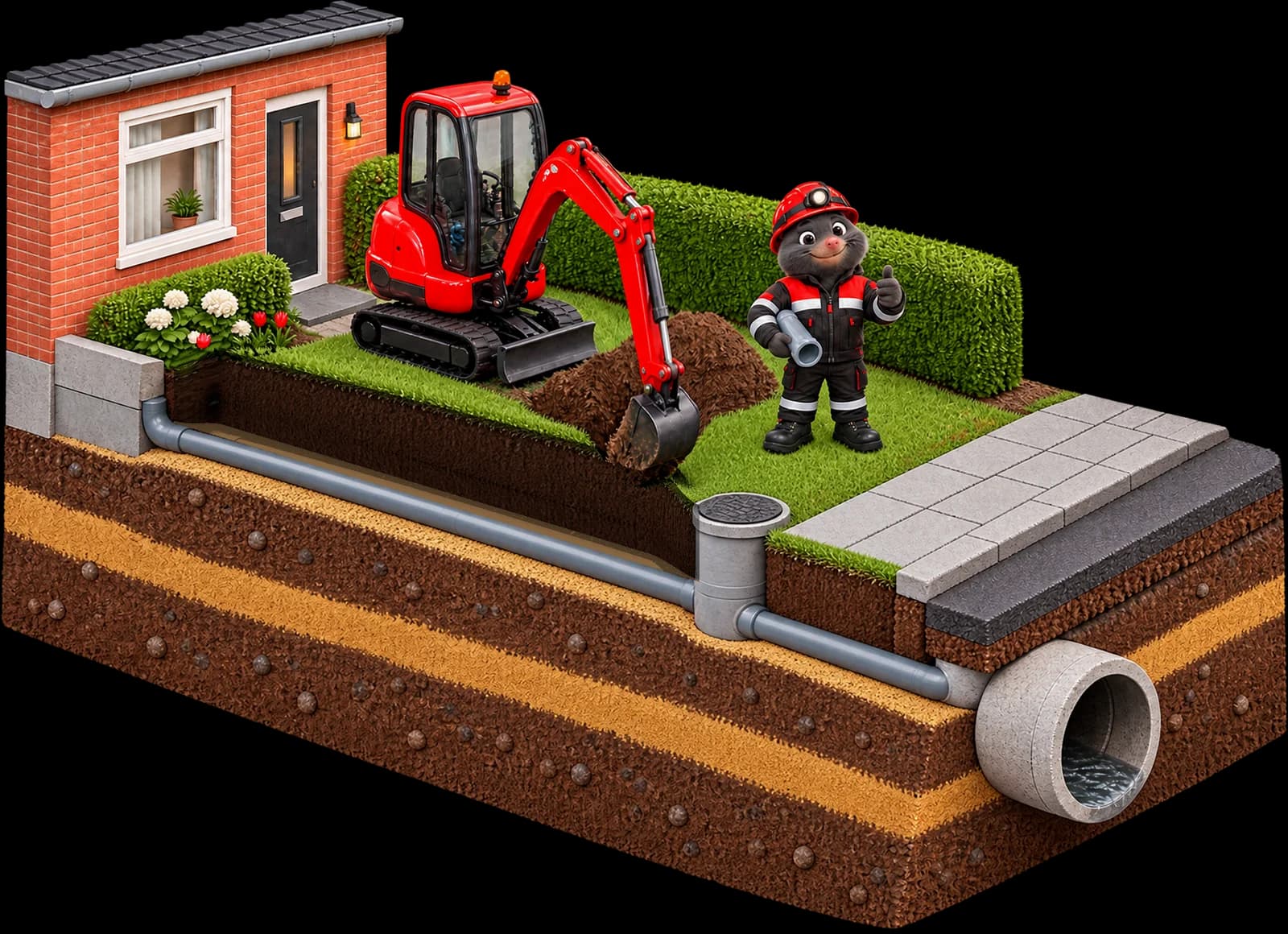 3D-illustratie: een minigraver graaft de sleuf boven de nieuwe rioolbuis, die van de fundering via een inspectieput naar het hoofdriool onder de straat loopt. De Roefs-mol staat ernaast.