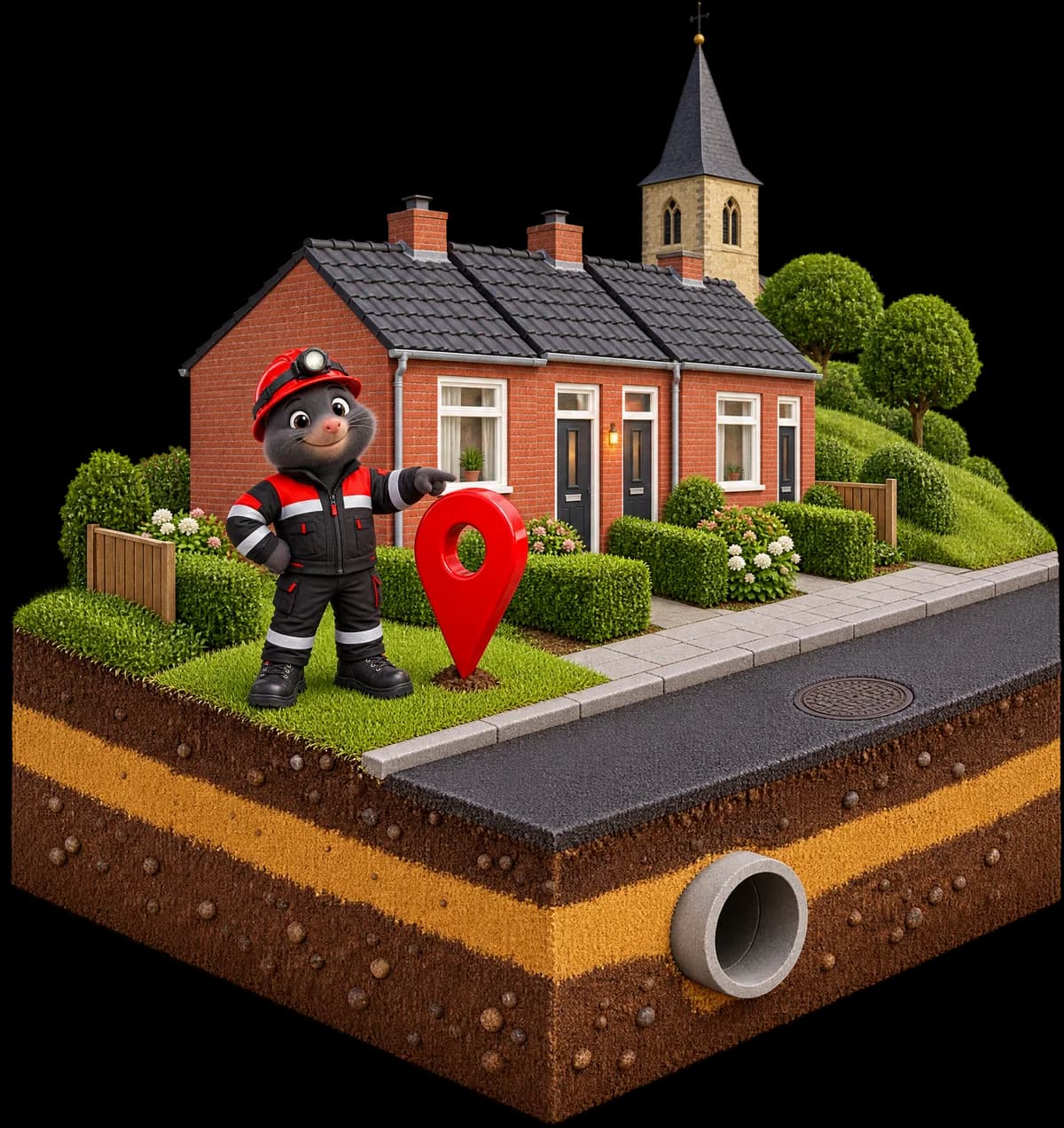 3D-illustratie: een straatje met bakstenen huizen en een kerktoren op een blok grond; de Roefs-mol wijst naar een rode locatiepin in de voortuin en onder de weg ligt de riolering