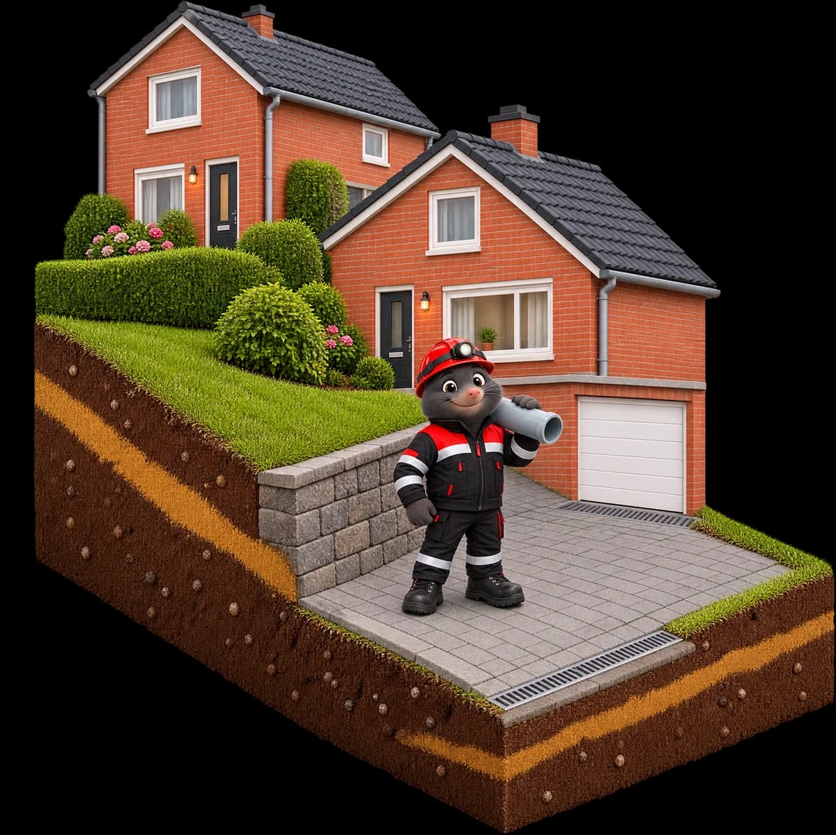 3D-illustratie: huizen op een helling met een keermuur; de oprit loopt af naar de garage en lijngoten vangen het regenwater af, de Roefs-mol draagt een rioolbuis
