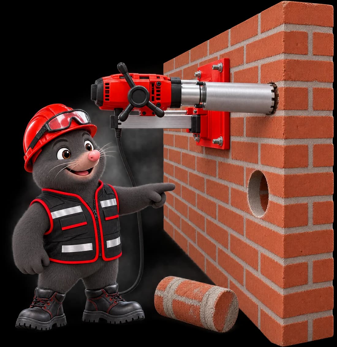 3D-illustratie: een kernboormachine is op de muur geschroefd en boort haaks een gat; de uitgeboorde kern ligt op de grond en de Roefs-mol wijst naar het afgewerkte gat