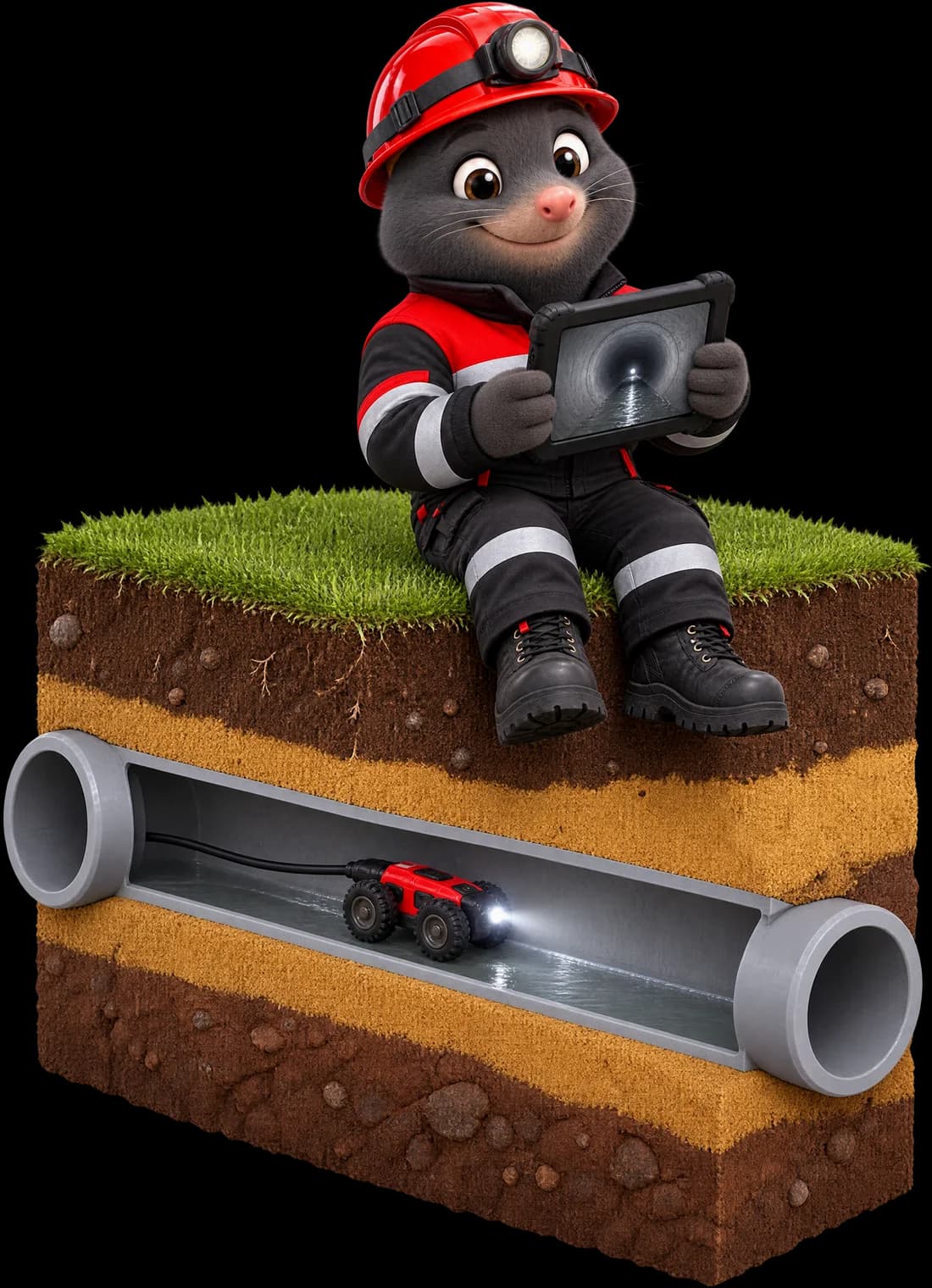 3D-illustratie: de Roefs-mol zit op een doorsnede van de grond en volgt op een tablet de inspectiecamera die door de rioolbuis rijdt