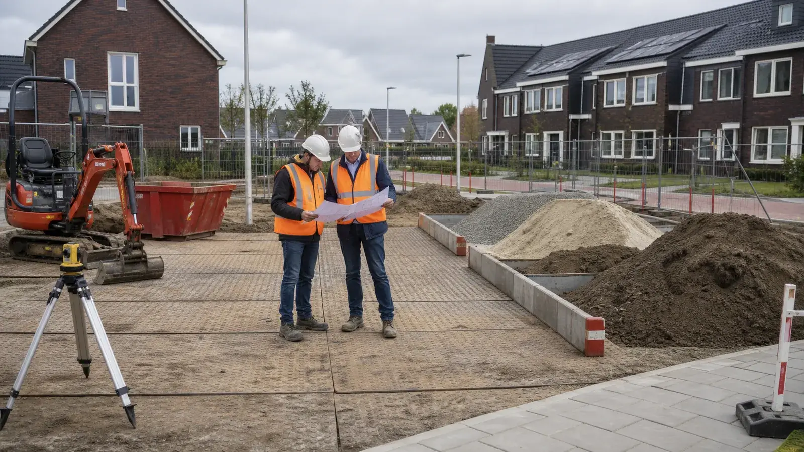 Overzichtelijke Nederlandse bouwplaats met rijroute, gronddepot en compacte graafmachine