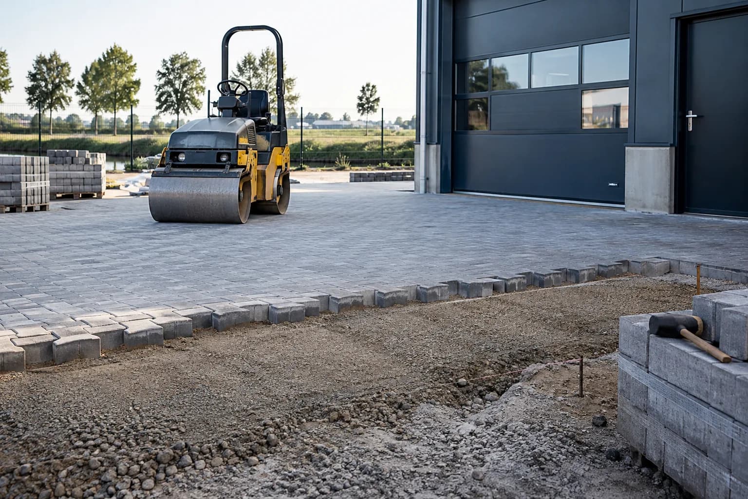 Stevige bedrijfsbestrating in aanleg met een compacte wals