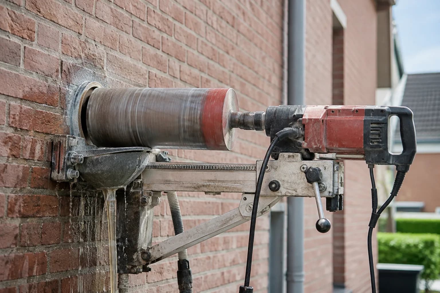 Diamantboor op een standaard bij een ronde doorvoer in een bakstenen gevel