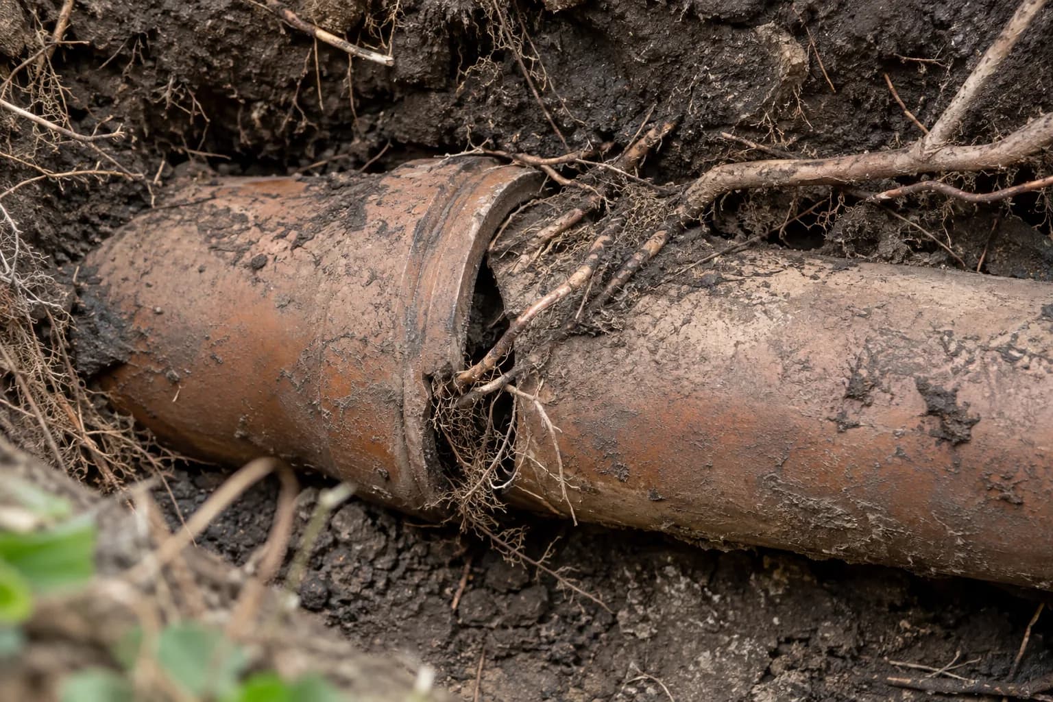 Boomwortels dringen binnen bij een beschadigde verbinding van een oude rioolbuis