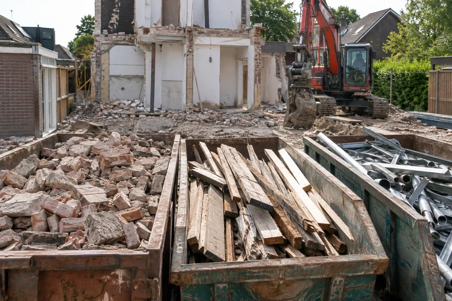 Gescheiden containers met steenpuin, hout en metaal op een slooplocatie