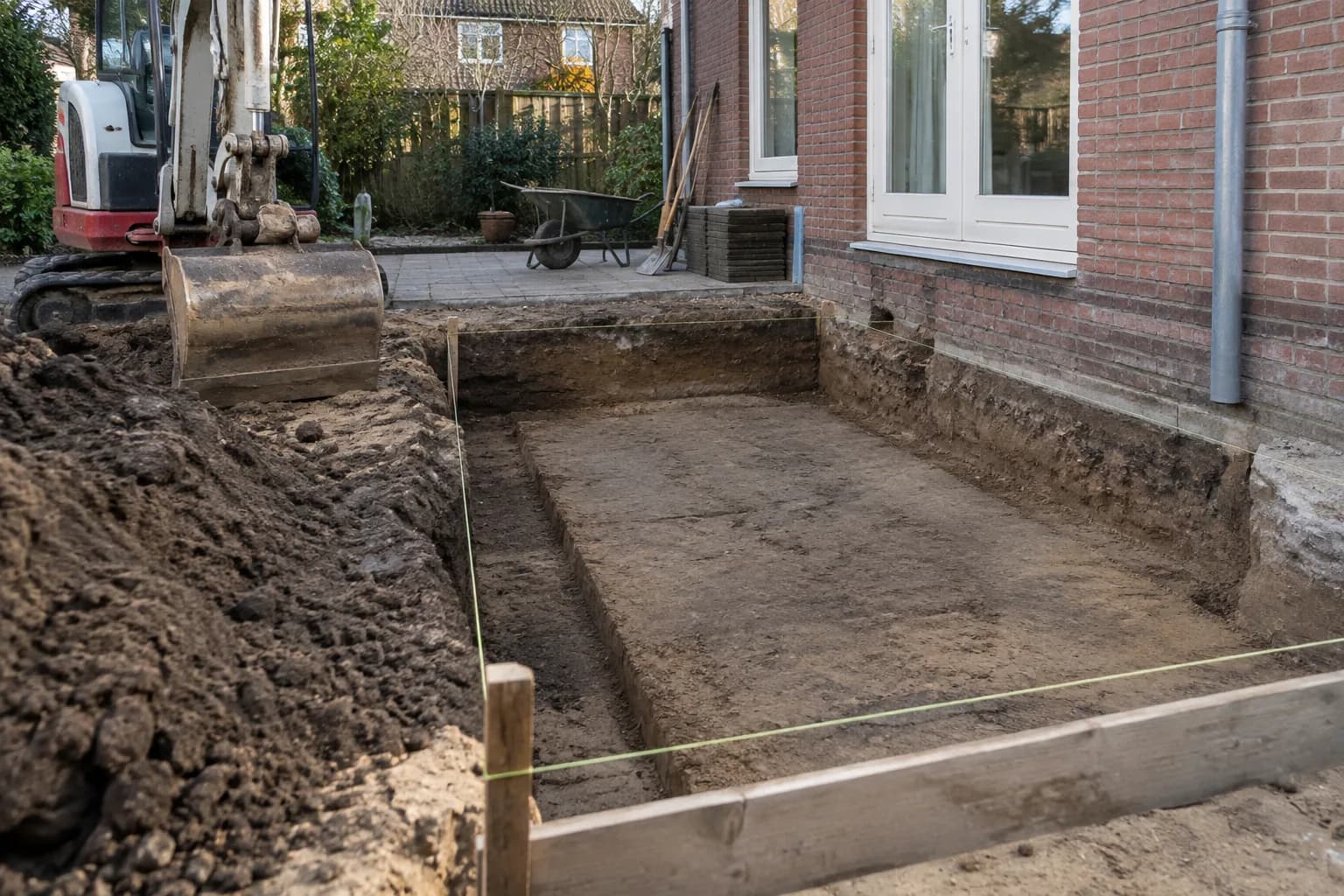 Uitgegraven funderingssleuf met peildraden aan de achterzijde van een woning