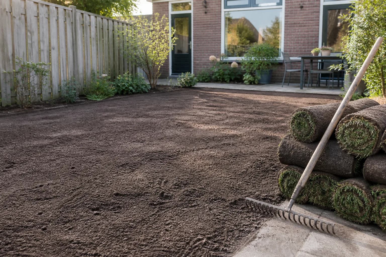 Geëgaliseerde tuingrond met rollen graszoden en een hark aan de rand