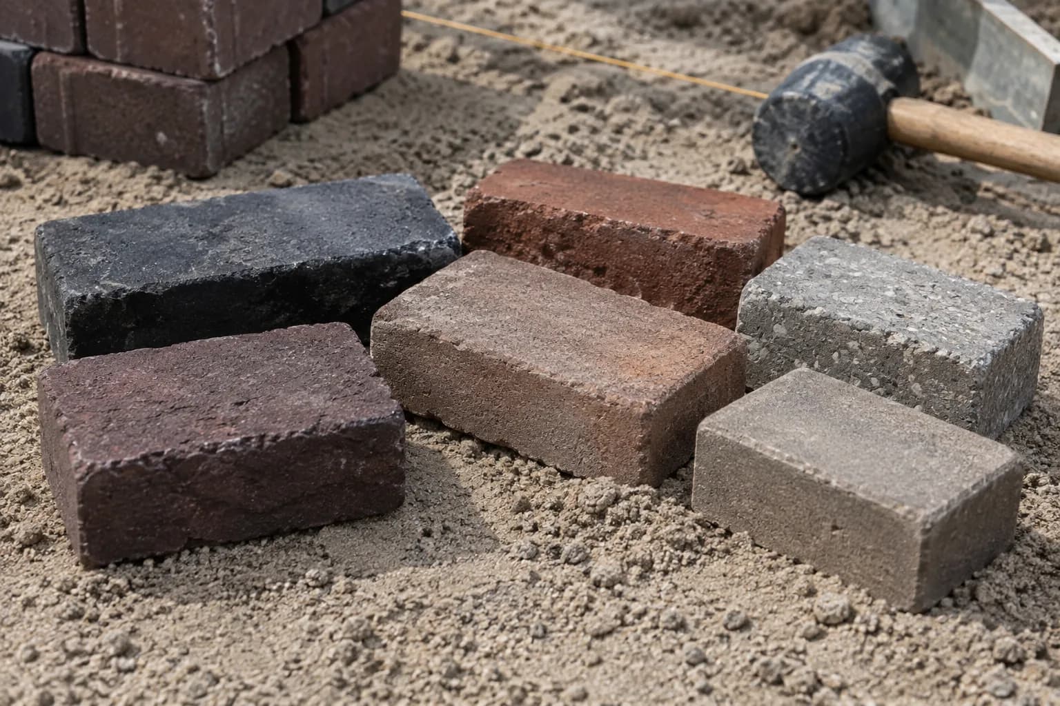 Verschillende kleuren en structuren van klinkers en betonstraatstenen