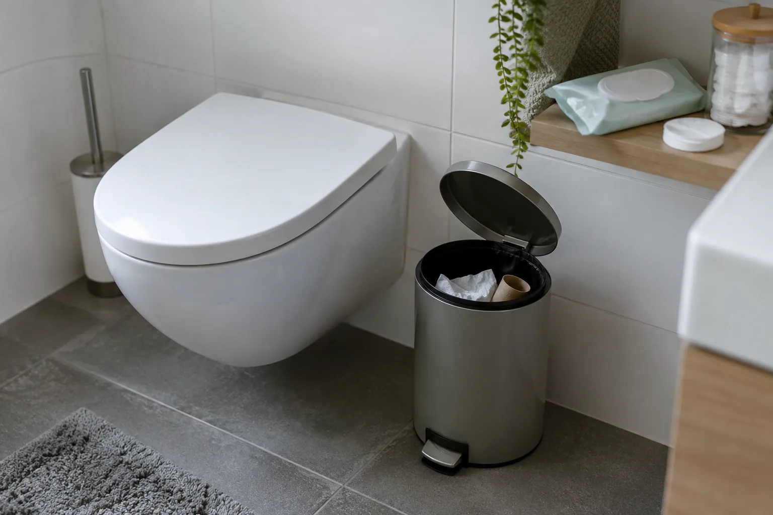 Gesloten toilet met afvalbak, vochtige doekjes en wattenschijfjes ernaast