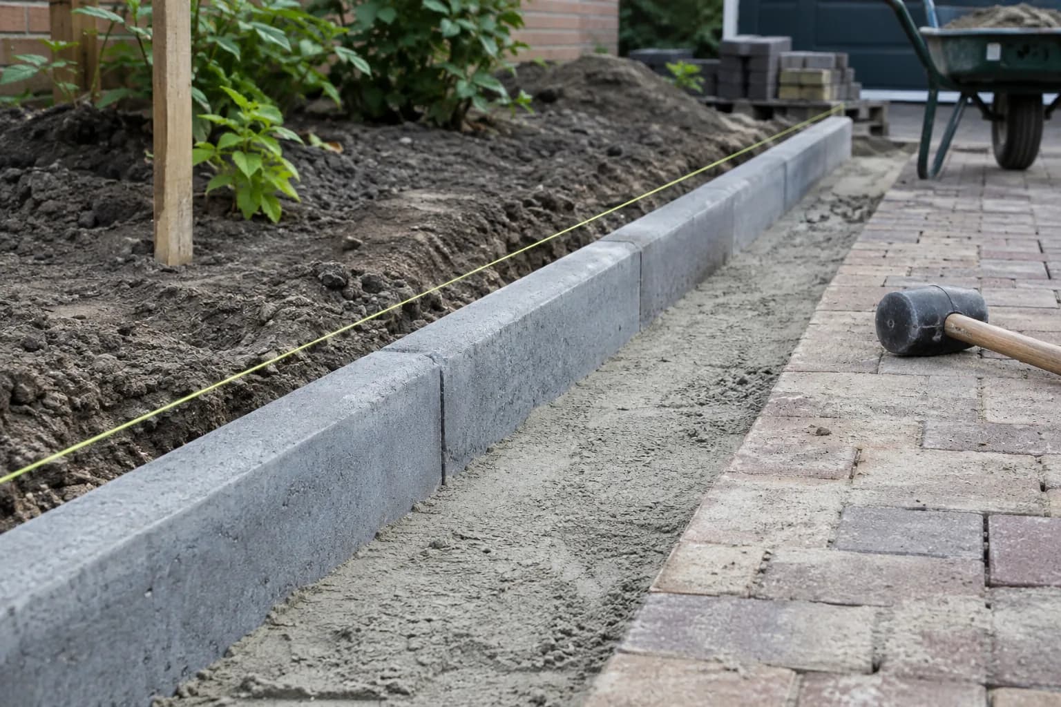 Betonnen opsluitbanden langs klinkerbestrating met een gespannen metseldraad