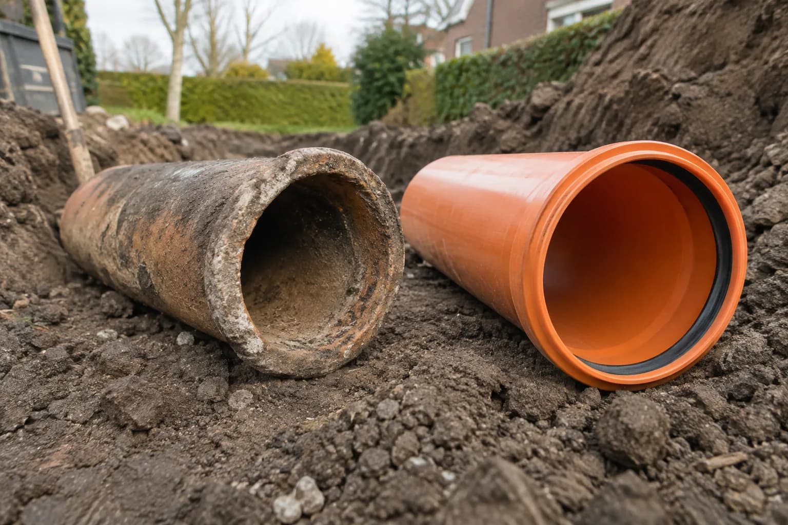 Oude rioolbuis en nieuwe oranje pvc-buis naast elkaar op uitgegraven grond
