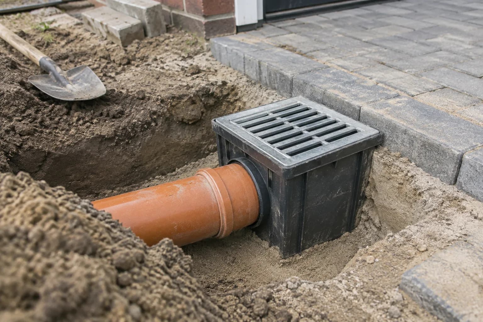 Straatkolk met metalen rooster en pvc-aansluiting naast bestrating
