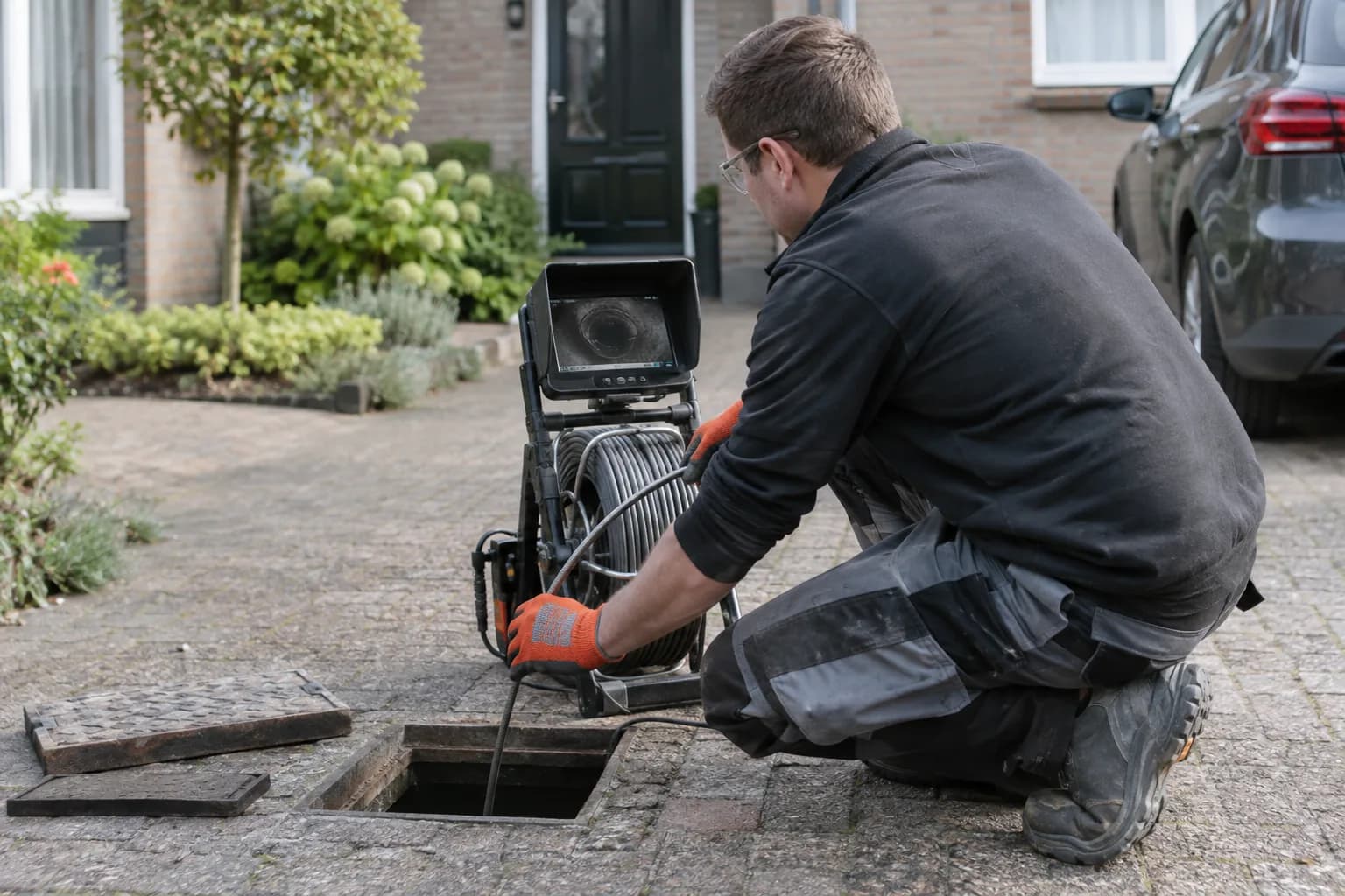 Vakman onderzoekt een huisaansluiting met een rioolcamera bij een inspectieput
