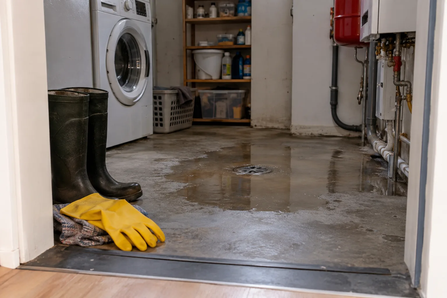 Water rond een vloerput in een bijkeuken met laarzen en schoonmaakhandschoenen bij de deur
