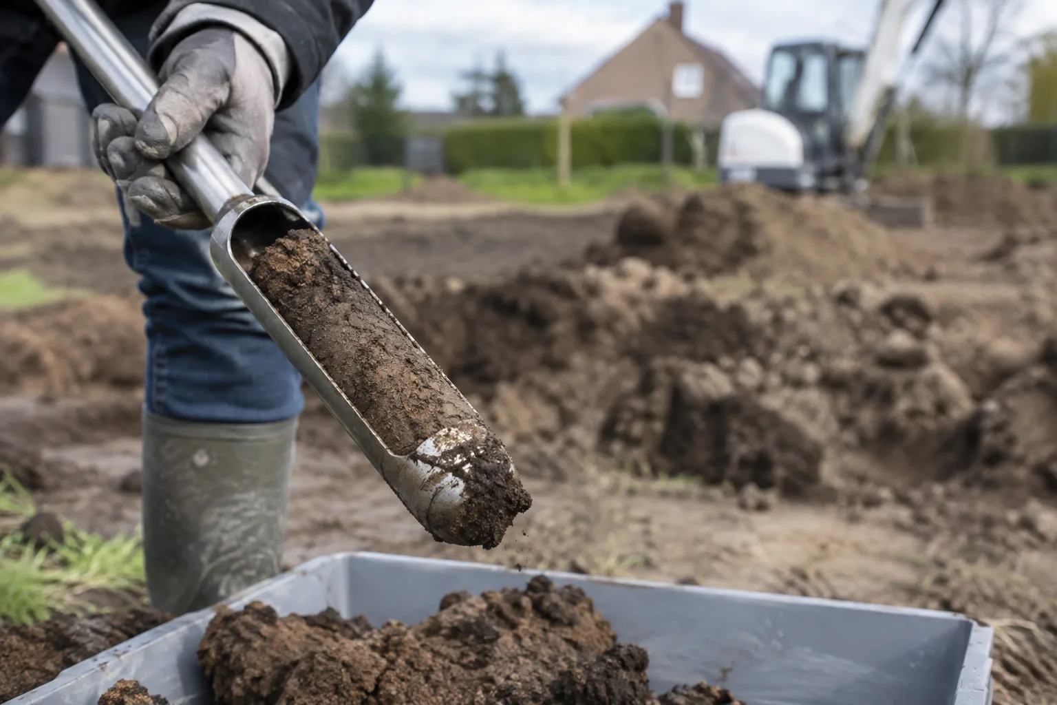 Grondmonster in een metalen grondboor boven een opvangbak