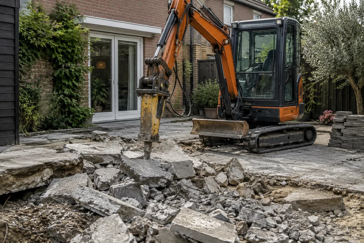 Minigraver met hydraulische breekhamer bij een gedeeltelijk uitgebroken betonnen terras