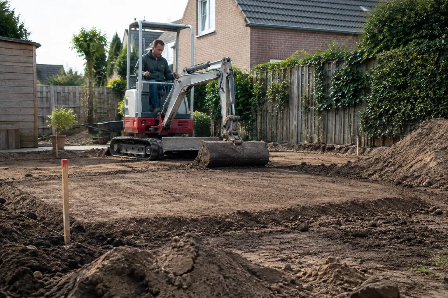 Minigraver egaliseert de grond in een achtertuin