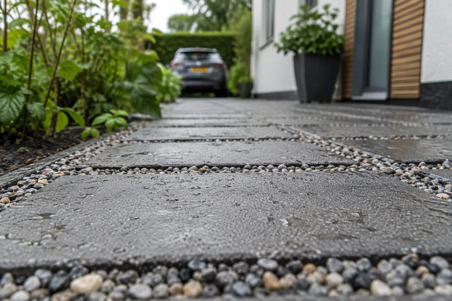 Waterdoorlatende bestrating met grindvoegen na een regenbui