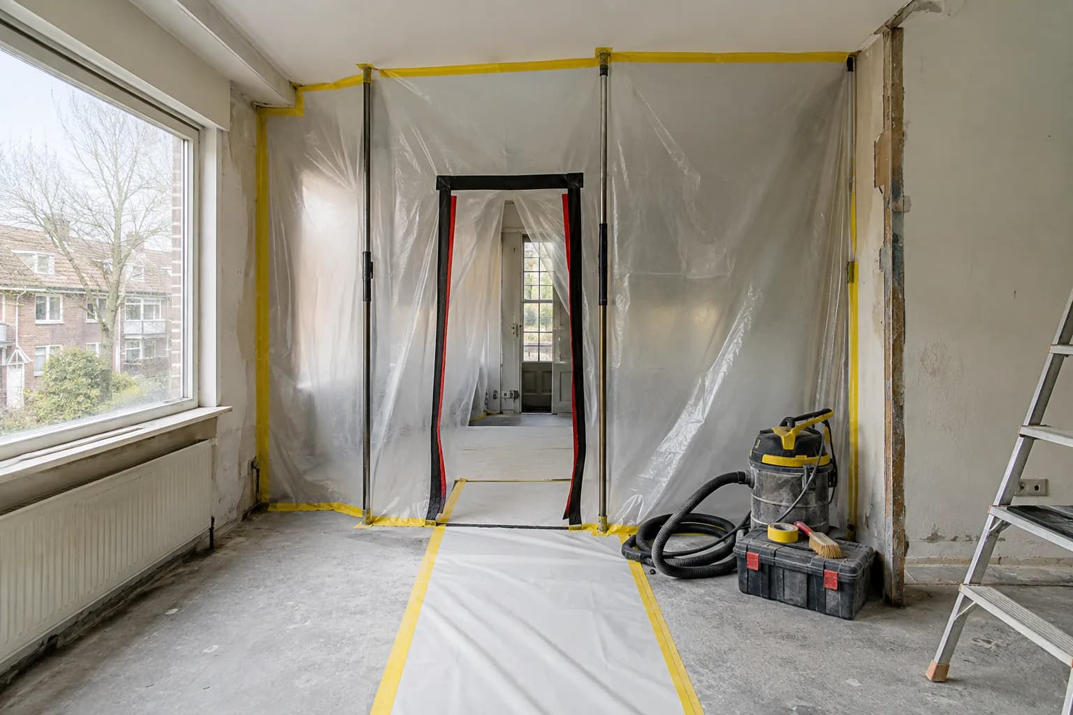 Renovatieruimte met stofschot en afgedekte looproute