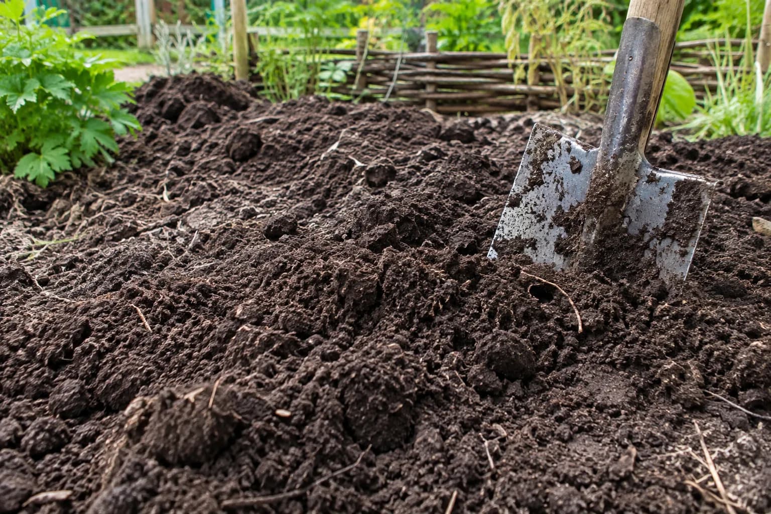 Losse donkere teelaarde met een spade in een tuinbed