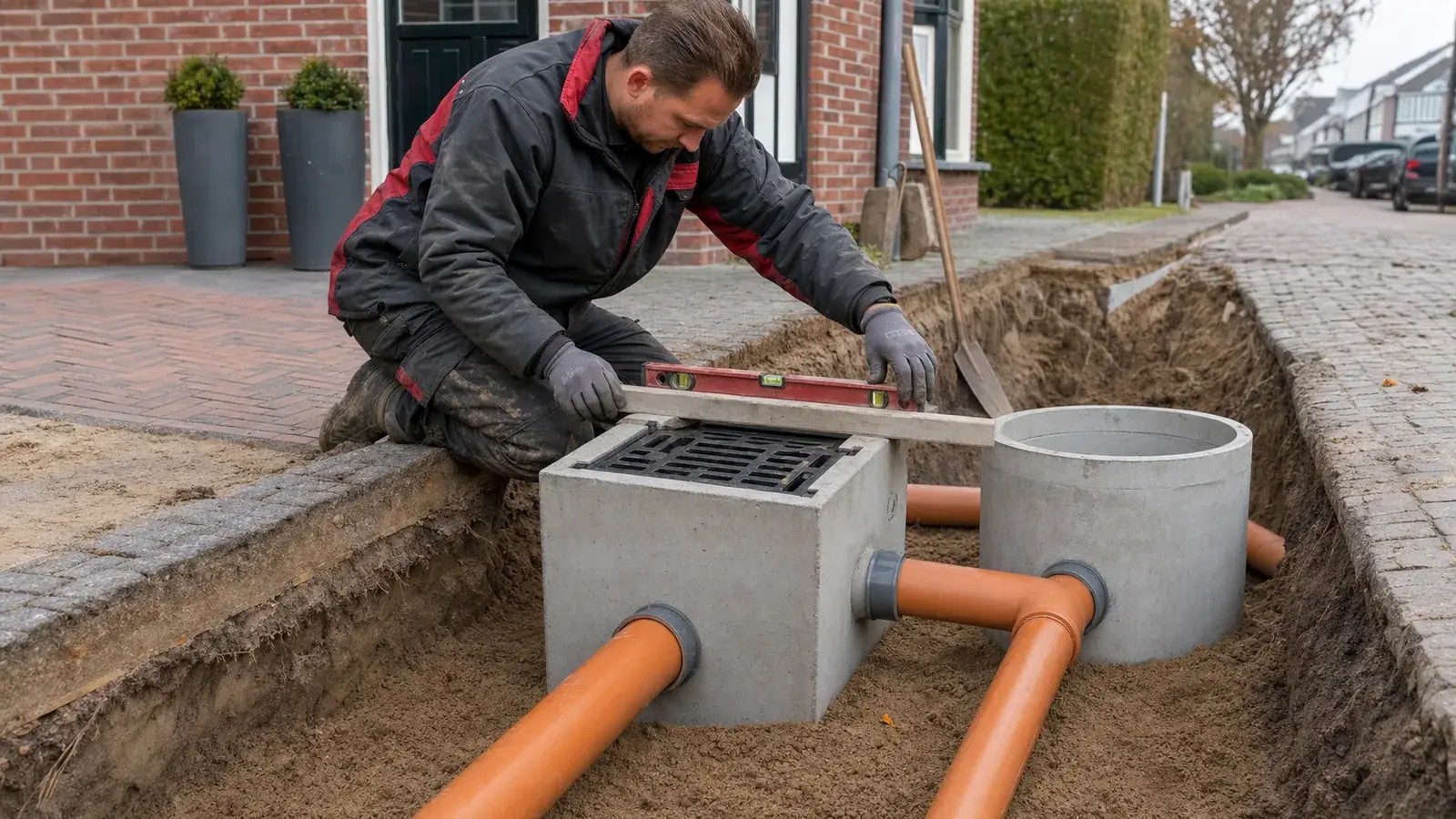 Nederlandse grondwerker stelt een straatkolk met pvc-aansluiting naast nieuwe bestrating