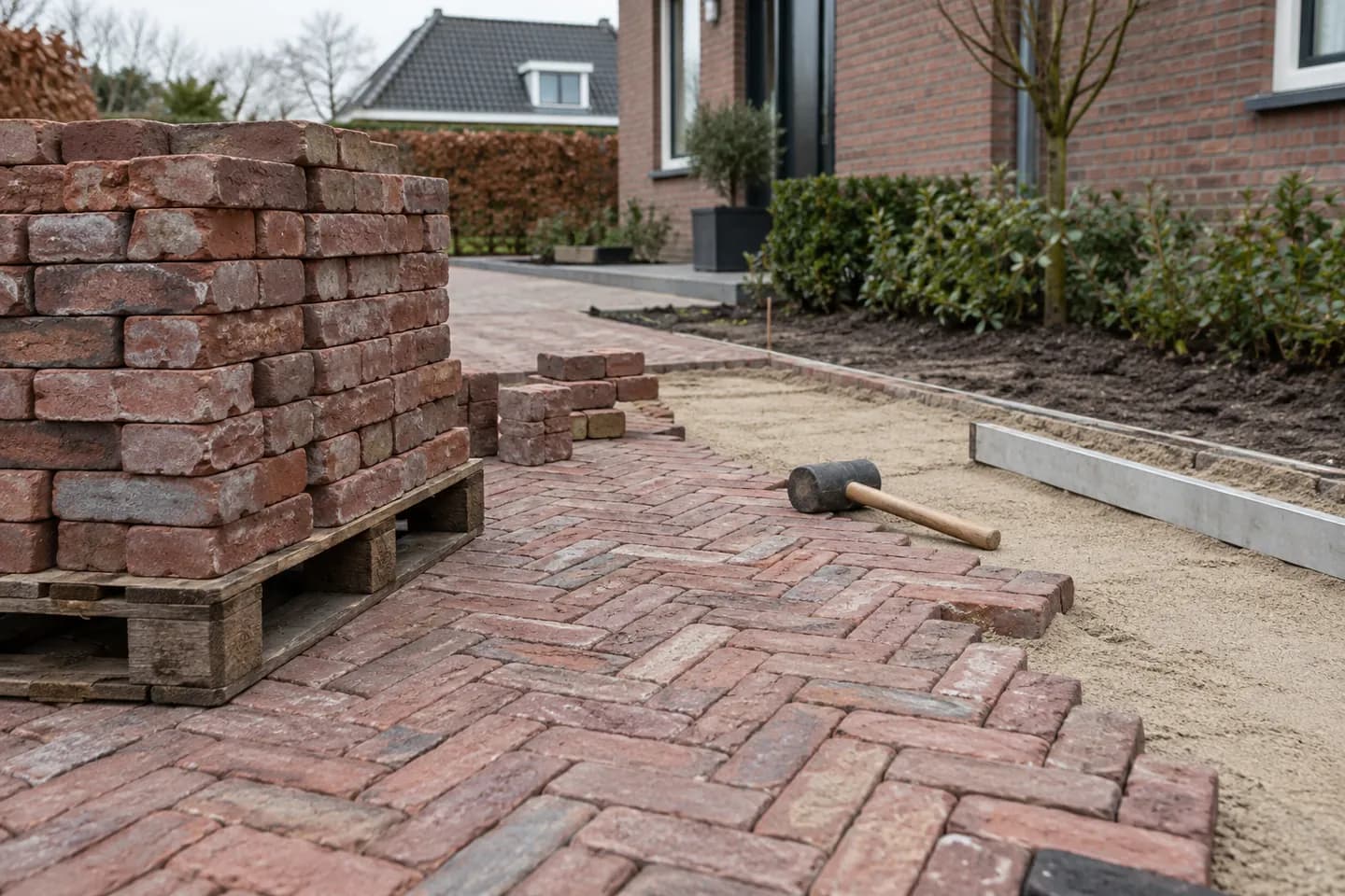 AI-illustratie: Gebruikte klinkers op een pallet naast opnieuw gelegde bestrating en een zandbed