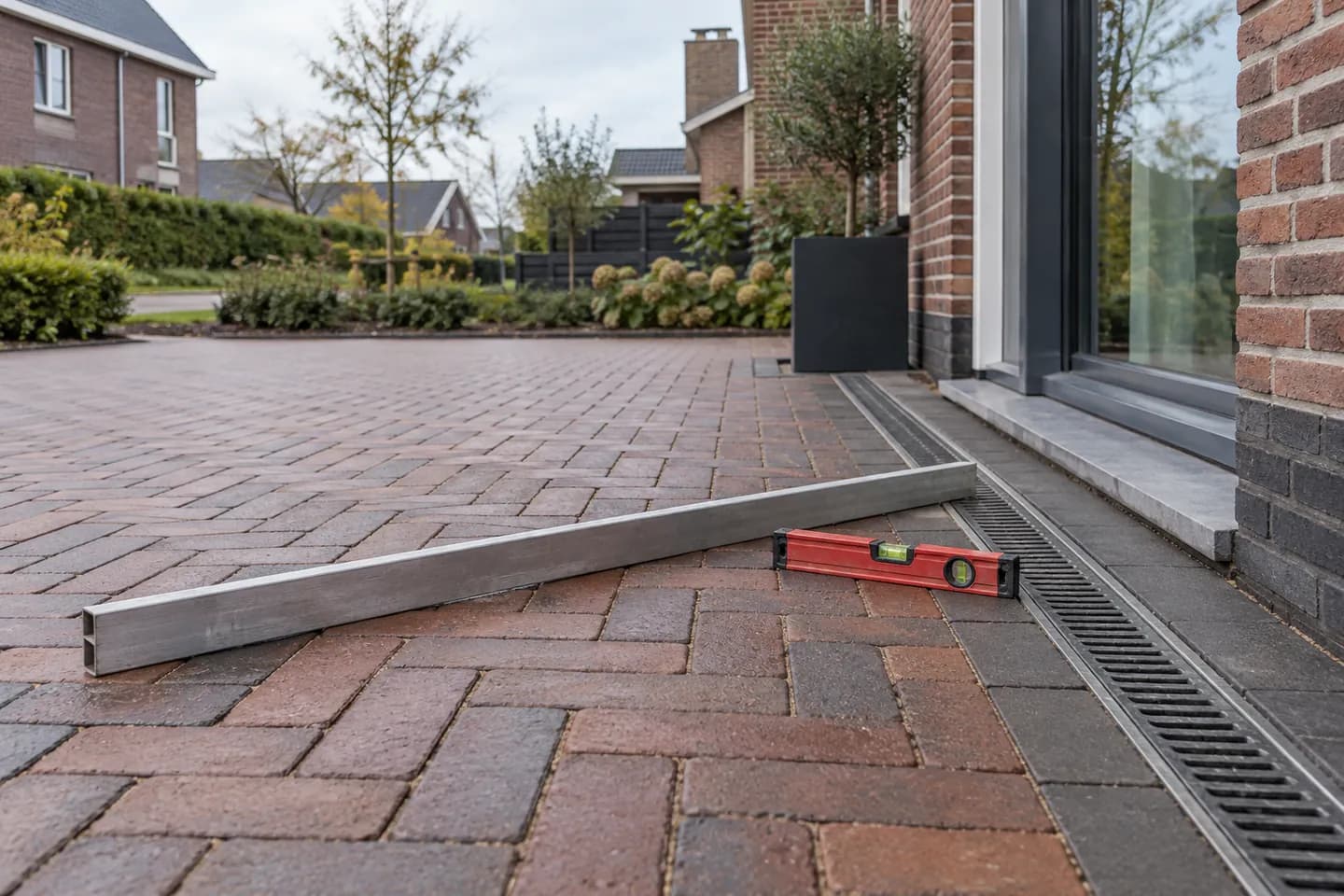 AI-illustratie: Reilat en waterpas op afgewerkte klinkerbestrating naast een afvoergoot