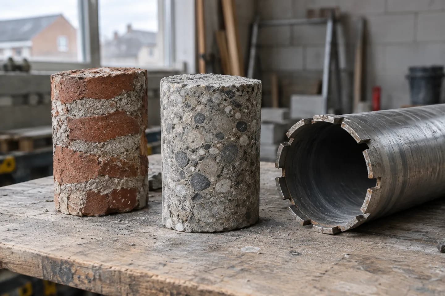 AI-illustratie: Boorkernen van metselwerk en beton naast een diamantboorkroon op een werkbank