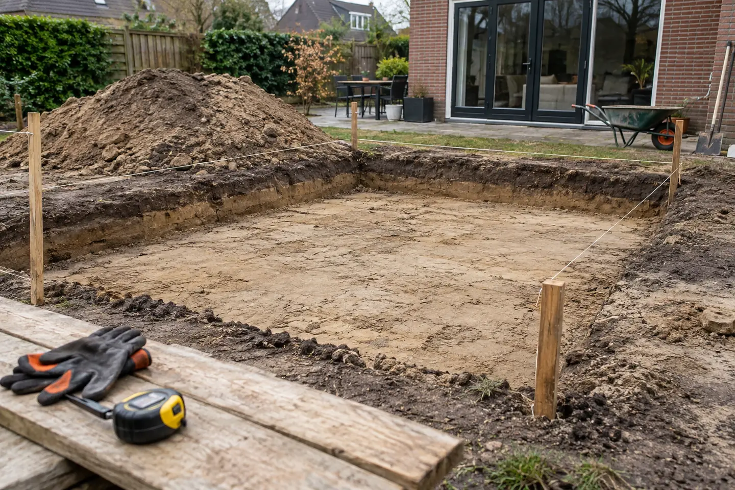 AI-illustratie: Uitgegraven terrasvlak met grondhoop, uitzetkoord en meetgereedschap