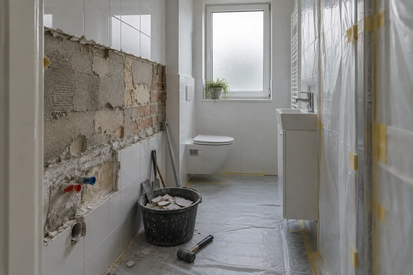 AI-illustratie: Badkamer met gedeeltelijk verwijderde wandtegels en afgeschermde delen
