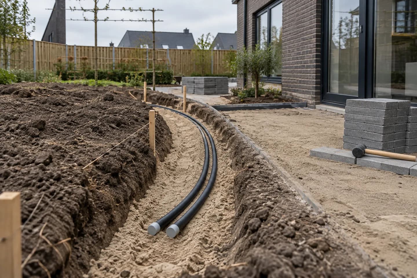 AI-illustratie: Twee afgedopte zwarte mantelbuizen in een zandsleuf naast toekomstige tuinbestrating