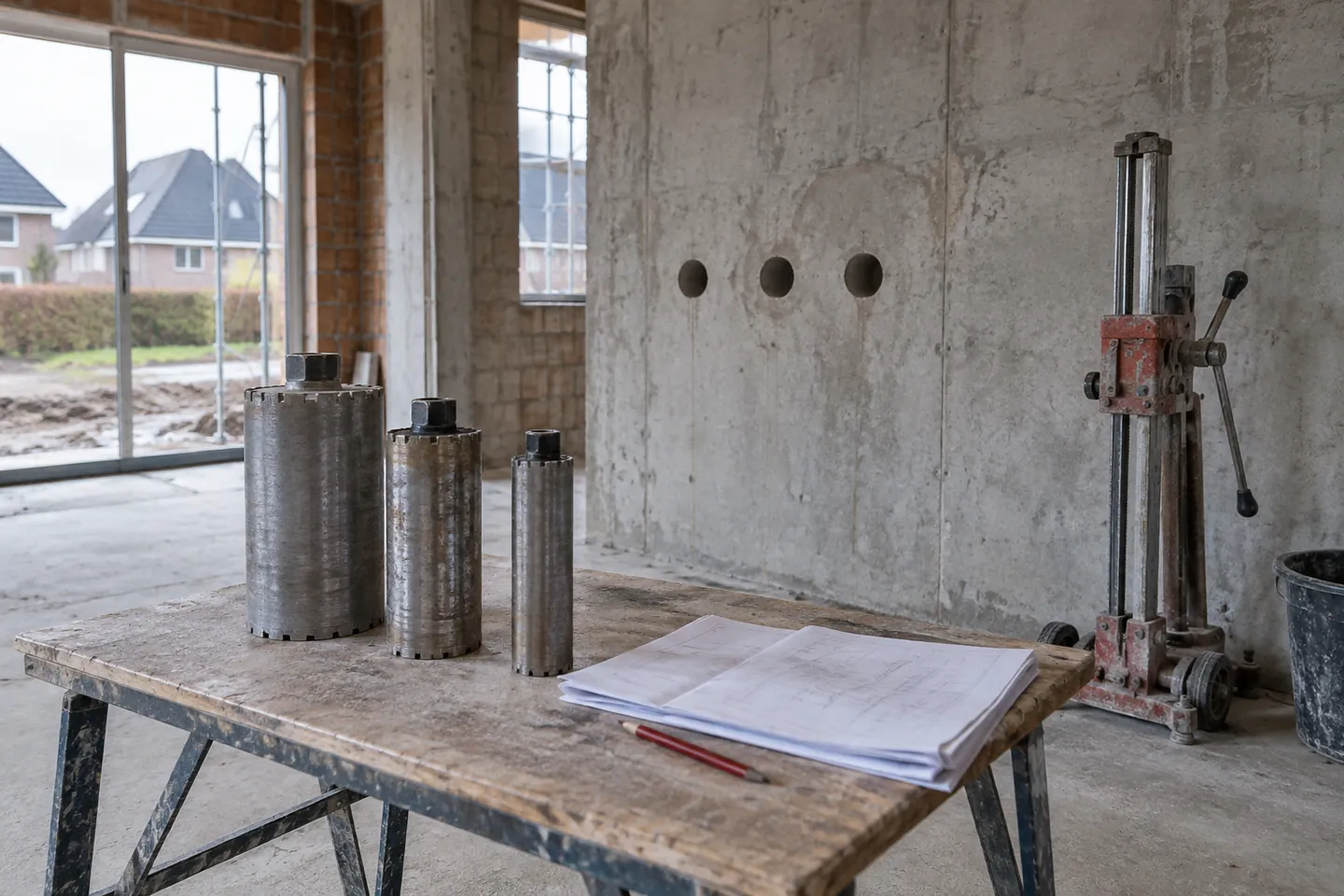 AI-illustratie: Drie boorkronen en bouwtekeningen voor een wand met drie ronde doorvoeren