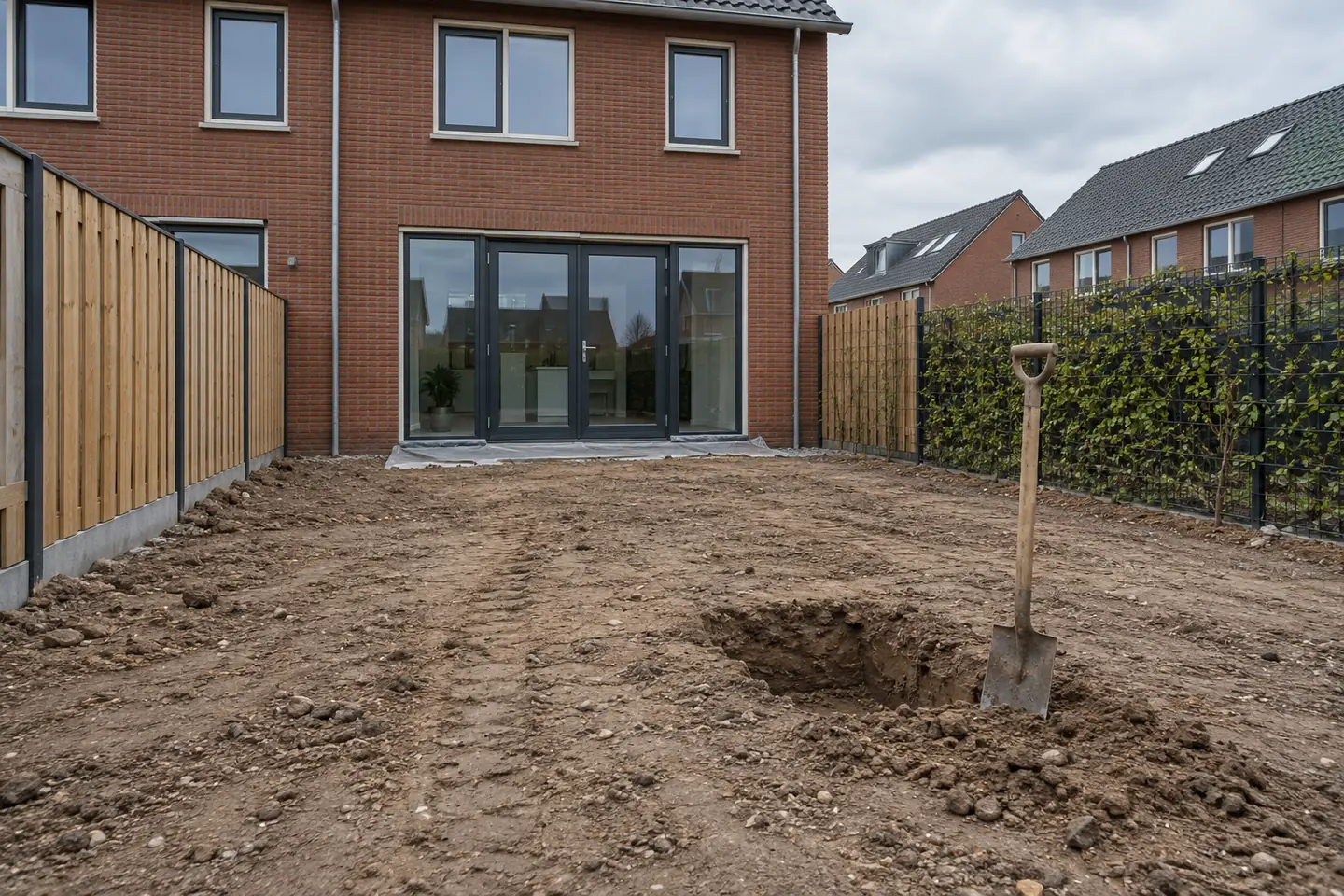 AI-illustratie: Kale bodem achter een nieuwbouwwoning met een kleine inspectiekuil en spade