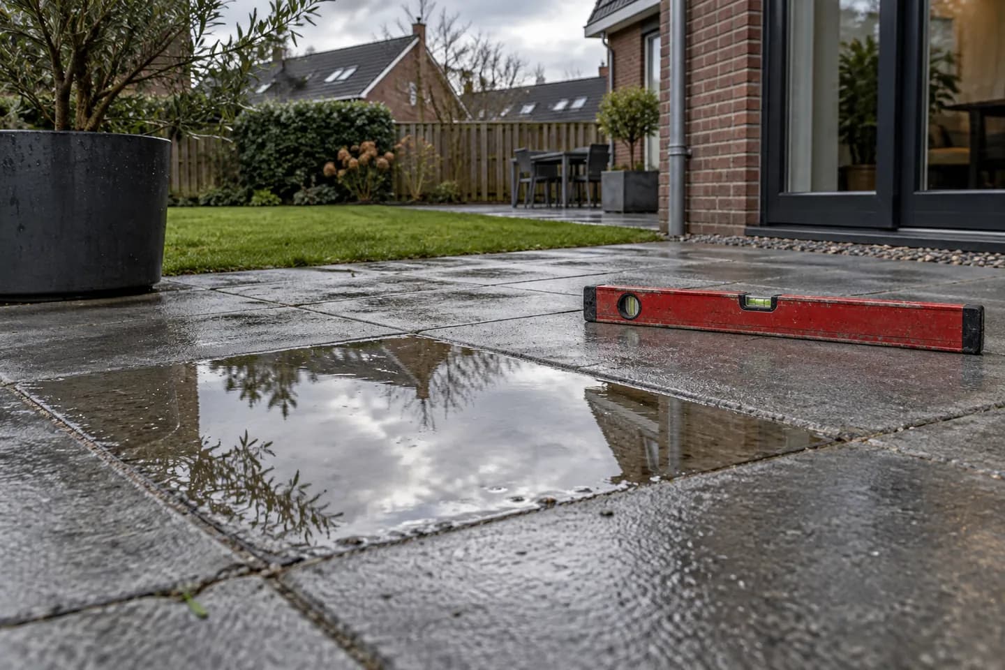 AI-illustratie: Ondiepe regenplas op grijze terrastegels met een waterpas ernaast