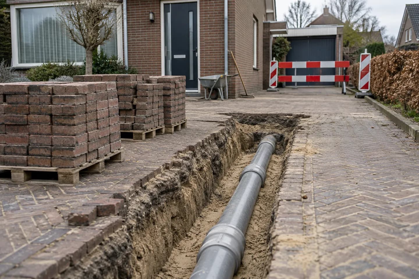 AI-illustratie: Opengelegde klinkeroprit met rioolbuis en op pallets gestapelde bestrating