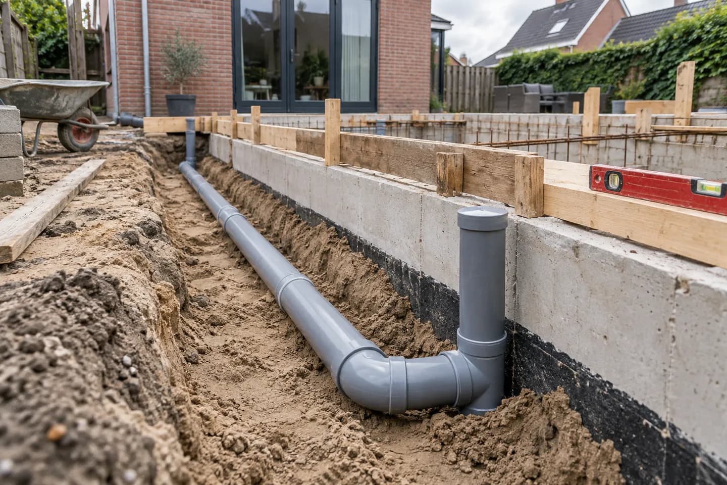 AI-illustratie: Grijze rioolbuis in een zandsleuf naast de fundering van een aanbouw