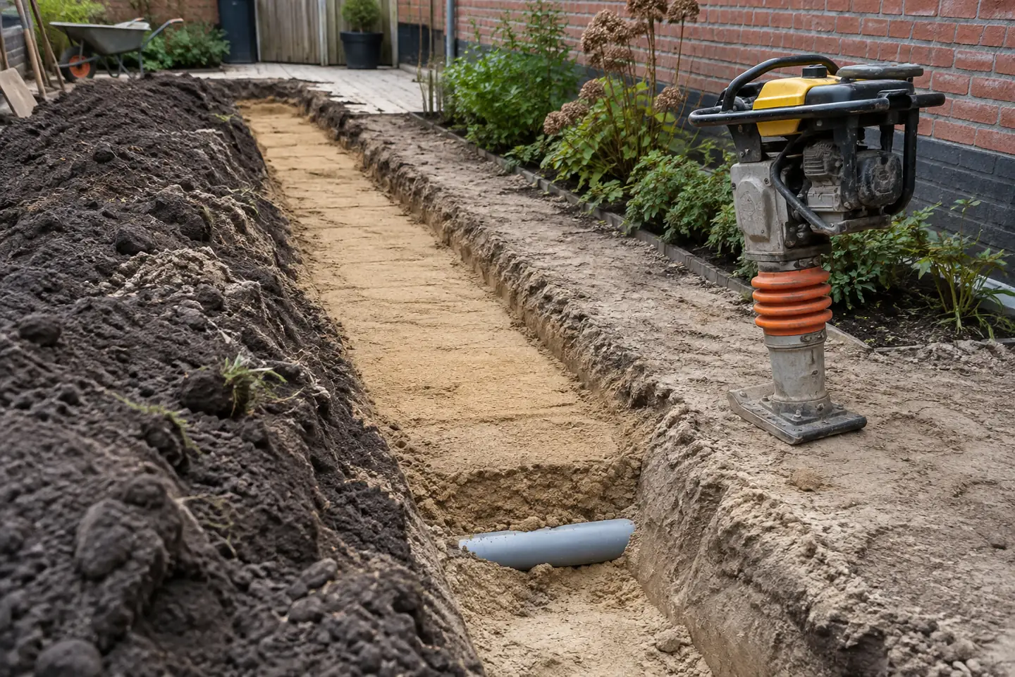 AI-illustratie: Gedeeltelijk aangevulde zandsleuf met zichtbare leiding en een stilstaande grondstamper ernaast