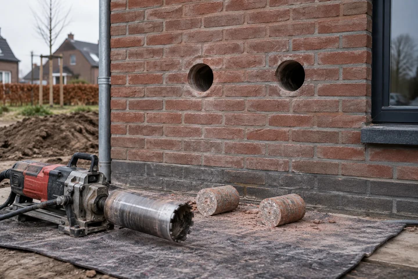 AI-illustratie: Twee ronde booropeningen in een bakstenen gevel met boorkernen en diamantboormachine