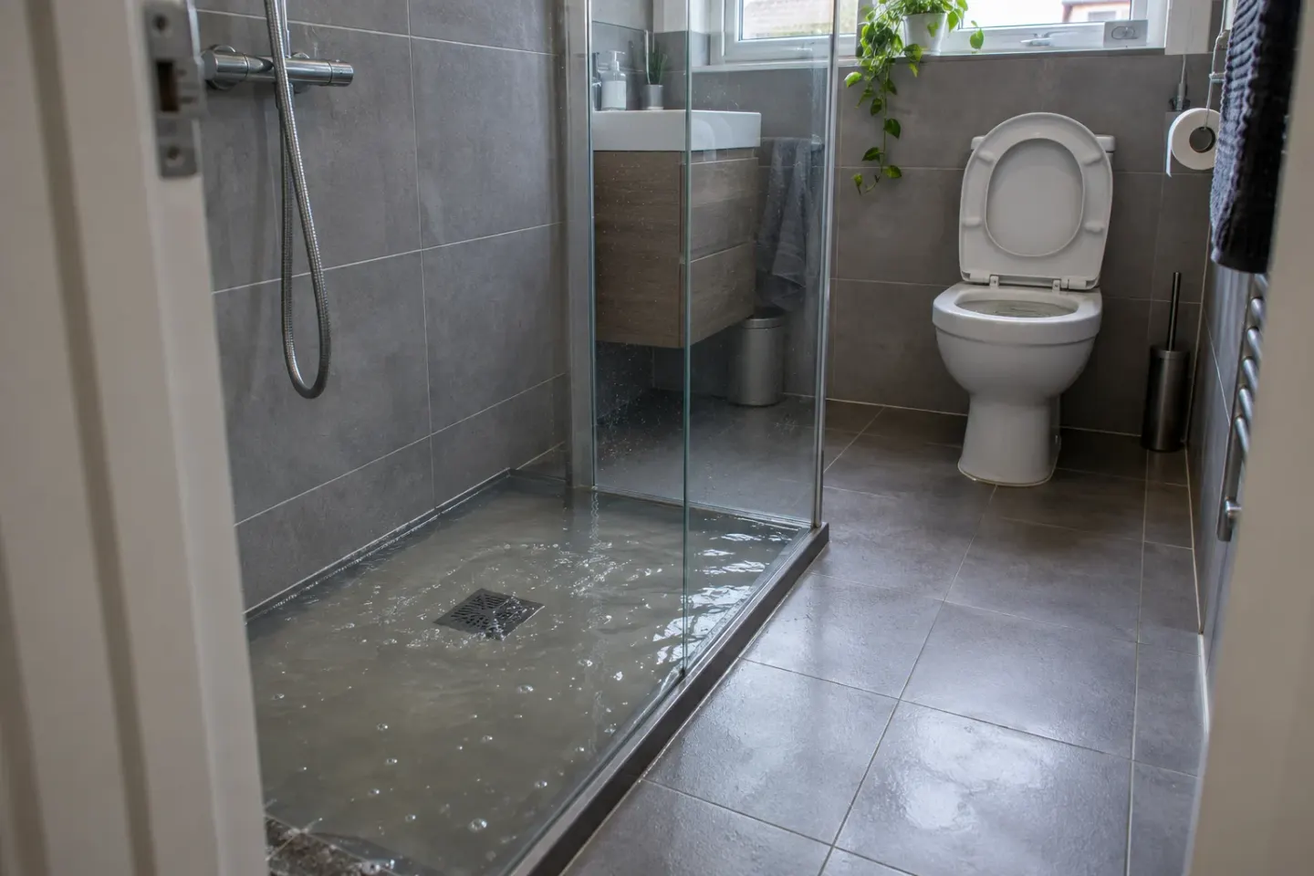 AI-illustratie: Stilstaand water in de douche en een hoog waterpeil in het toilet