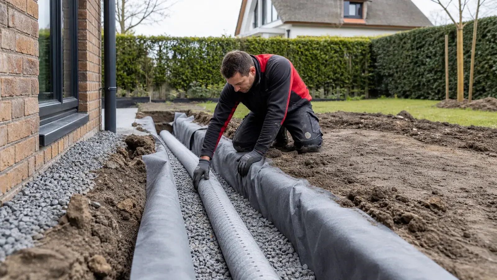 Drainagesleuf met omhuld drainagebuis en schoon grind in een Nederlandse achtertuin