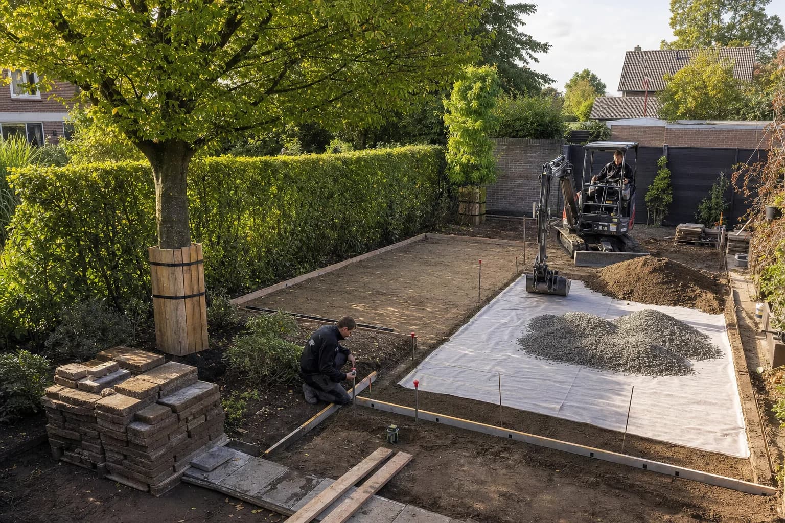 Geordende tuinrenovatie met beschermde boom, hergebruikte klinkers en grondwerk in zones