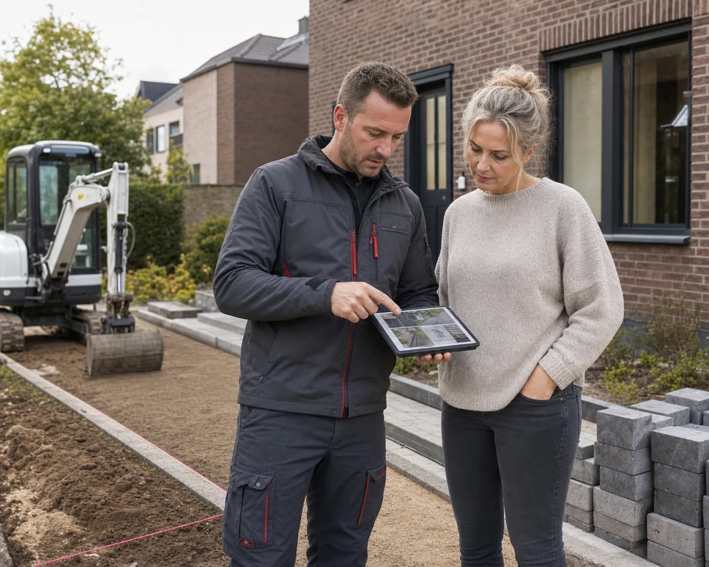 Grondwerker bespreekt met een klant de aanleg van een oprit bij een woning in Zuid-Limburg