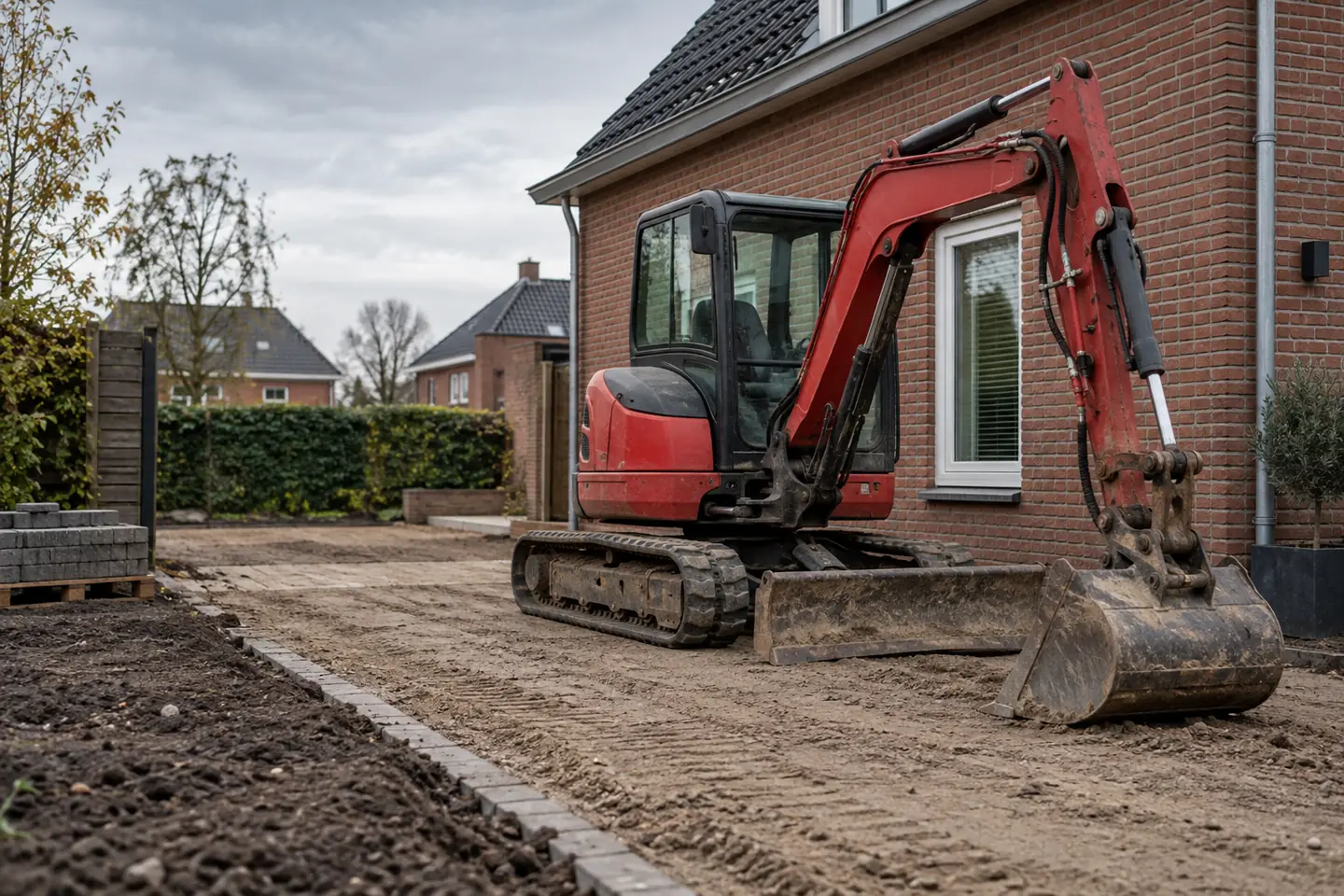 Een rode minigraver bij een Nederlandse woning