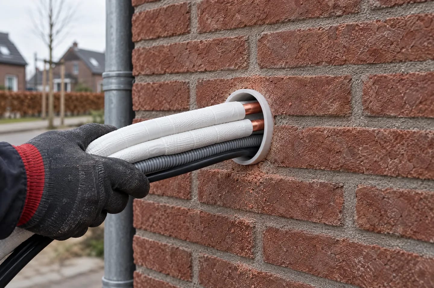 AI-illustratie: geïsoleerde koelleidingen, condensafvoer en kabel van een airco worden door een muurbuis in een bakstenen gevel gestoken