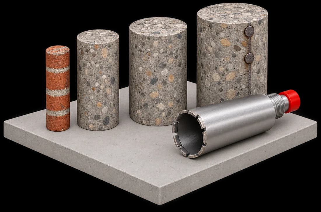 3D-illustratie: boorkernen van klein naar groot, een kern uit metselwerk en drie uit beton, naast een diamantboorkroon