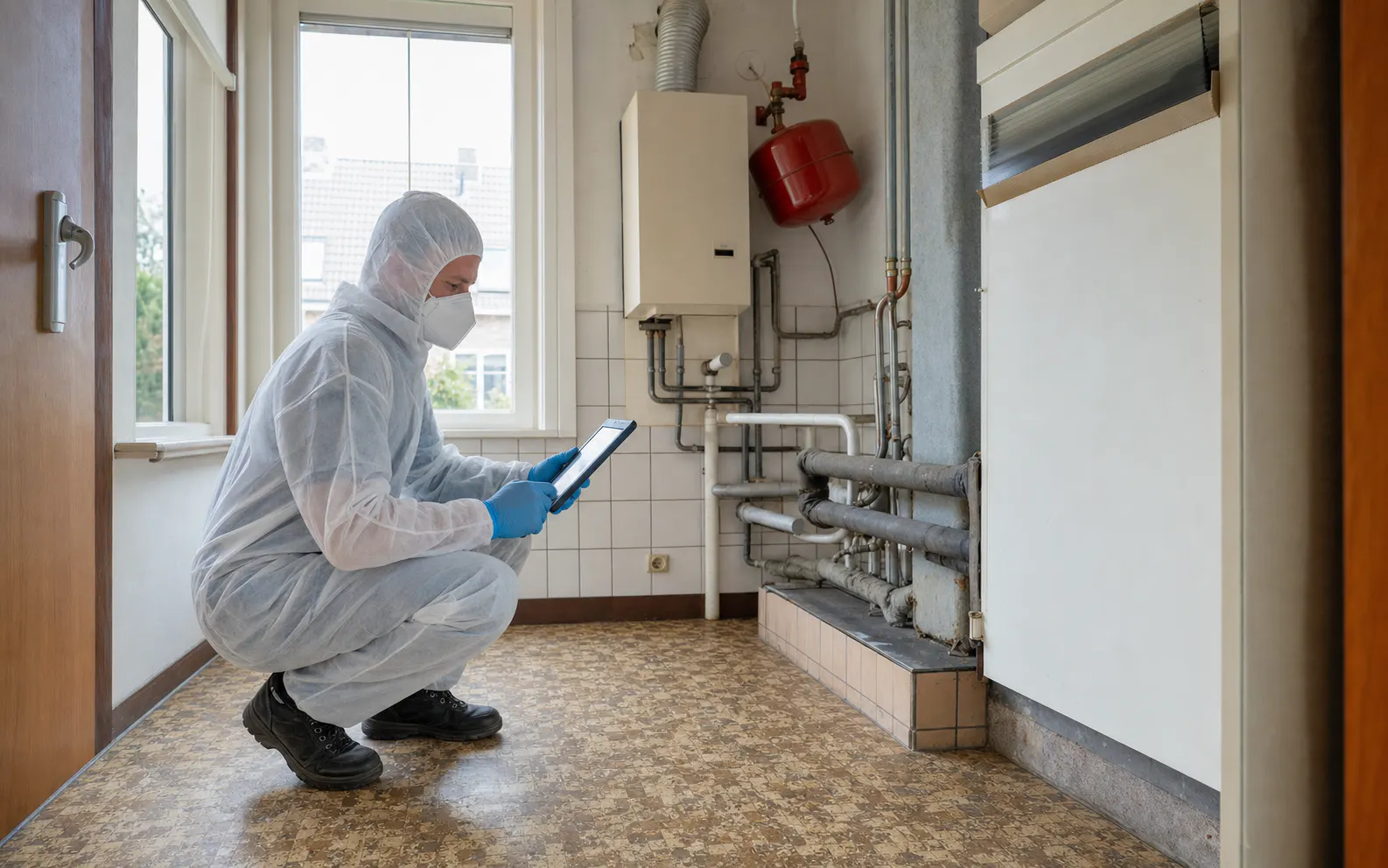Gecertificeerde Nederlandse asbestonderzoeker neemt beheerst een monster in een oudere woning