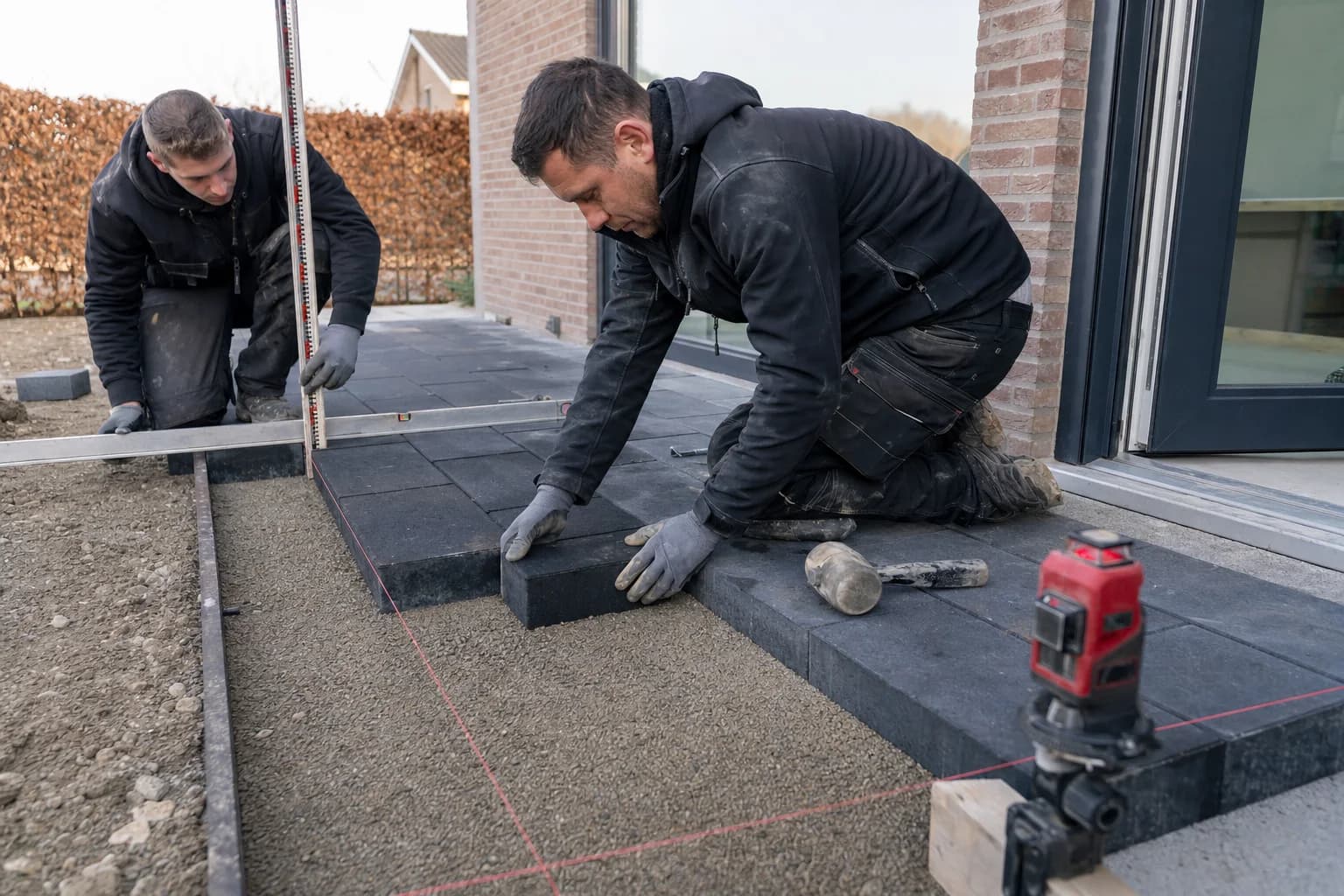 Stratenmakers meten het peil van terrastegels bij de dorpel van een Nederlandse woning